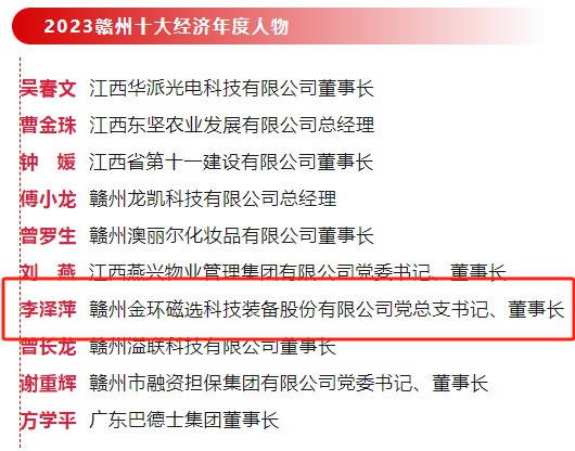 金環(huán)磁選黨總支書記、董事長李澤萍榮獲 “2023贛州經濟年度人物”